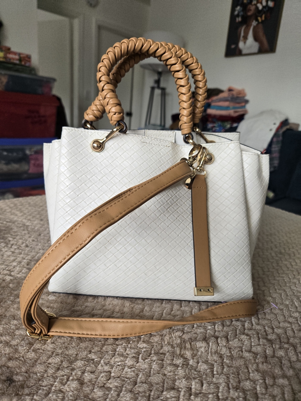 Aldo White Woven Tote with Tan Braided Handles